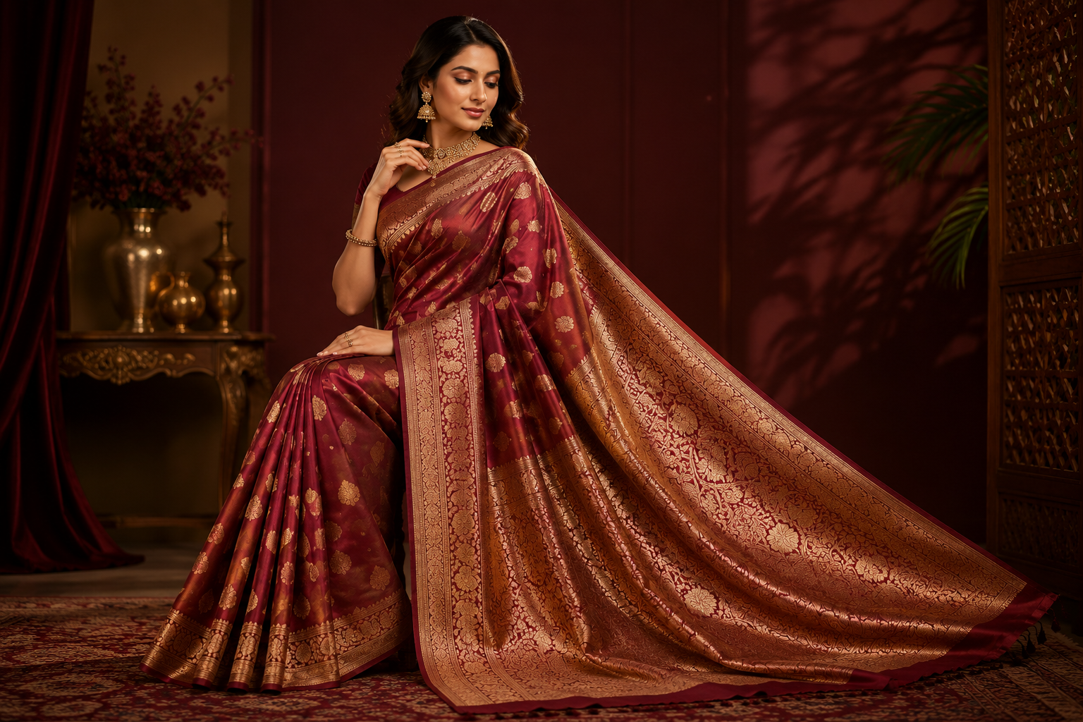 Banarasi Silk Sari — Maroon & Gold